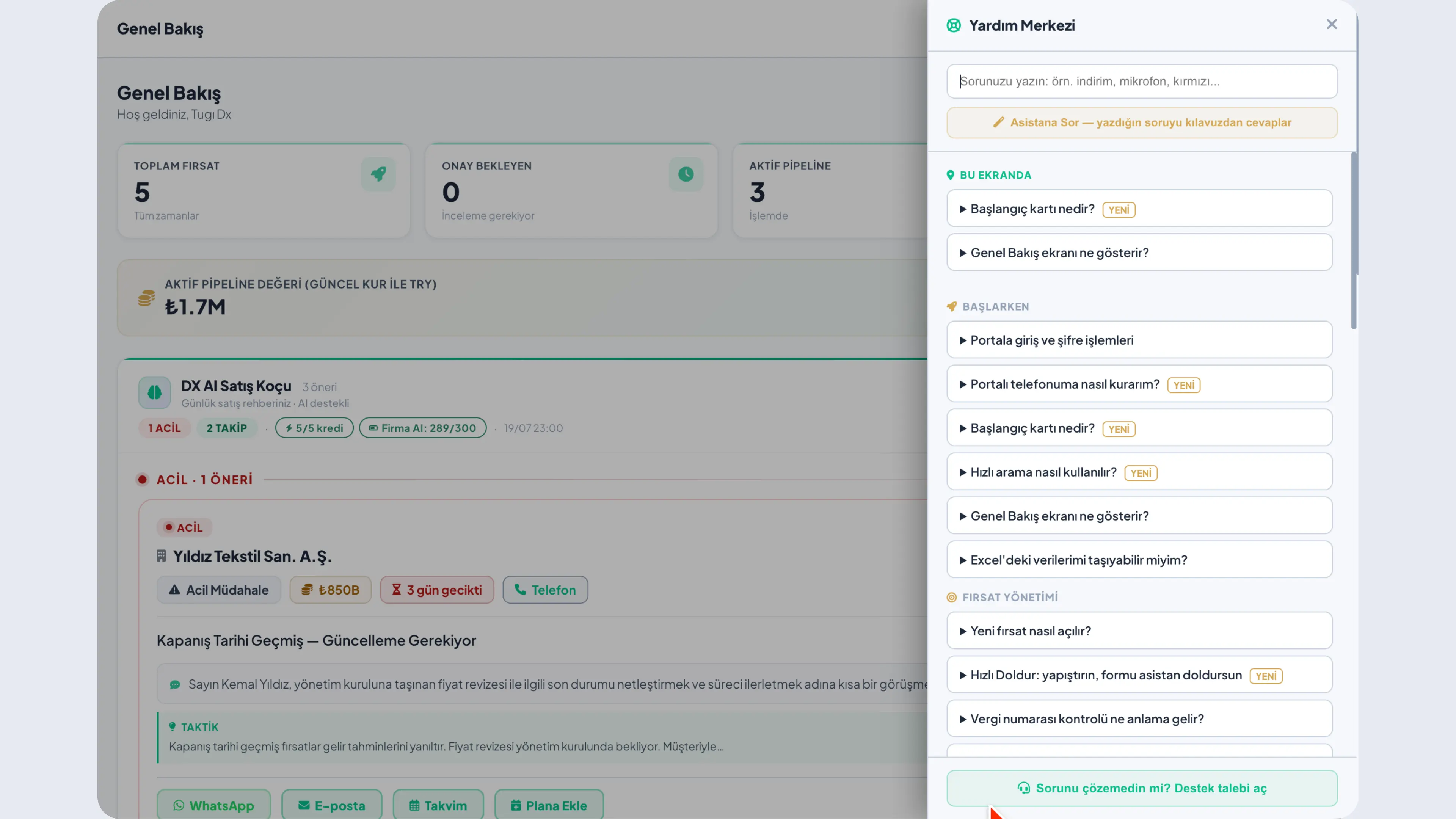 DX AI Satış Koçu — Yardım Merkezi ekranı